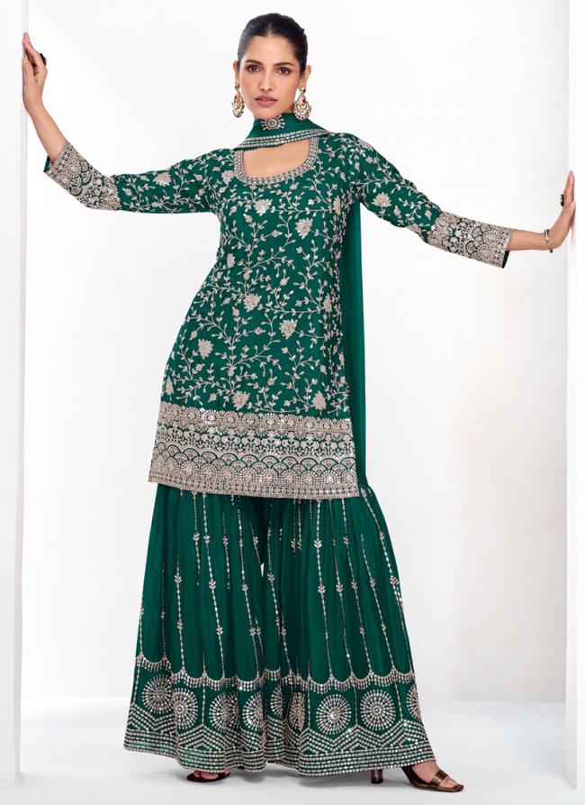 Chinnon Green Wedding Wear Embroidery Work Readymade Plazzo Suit